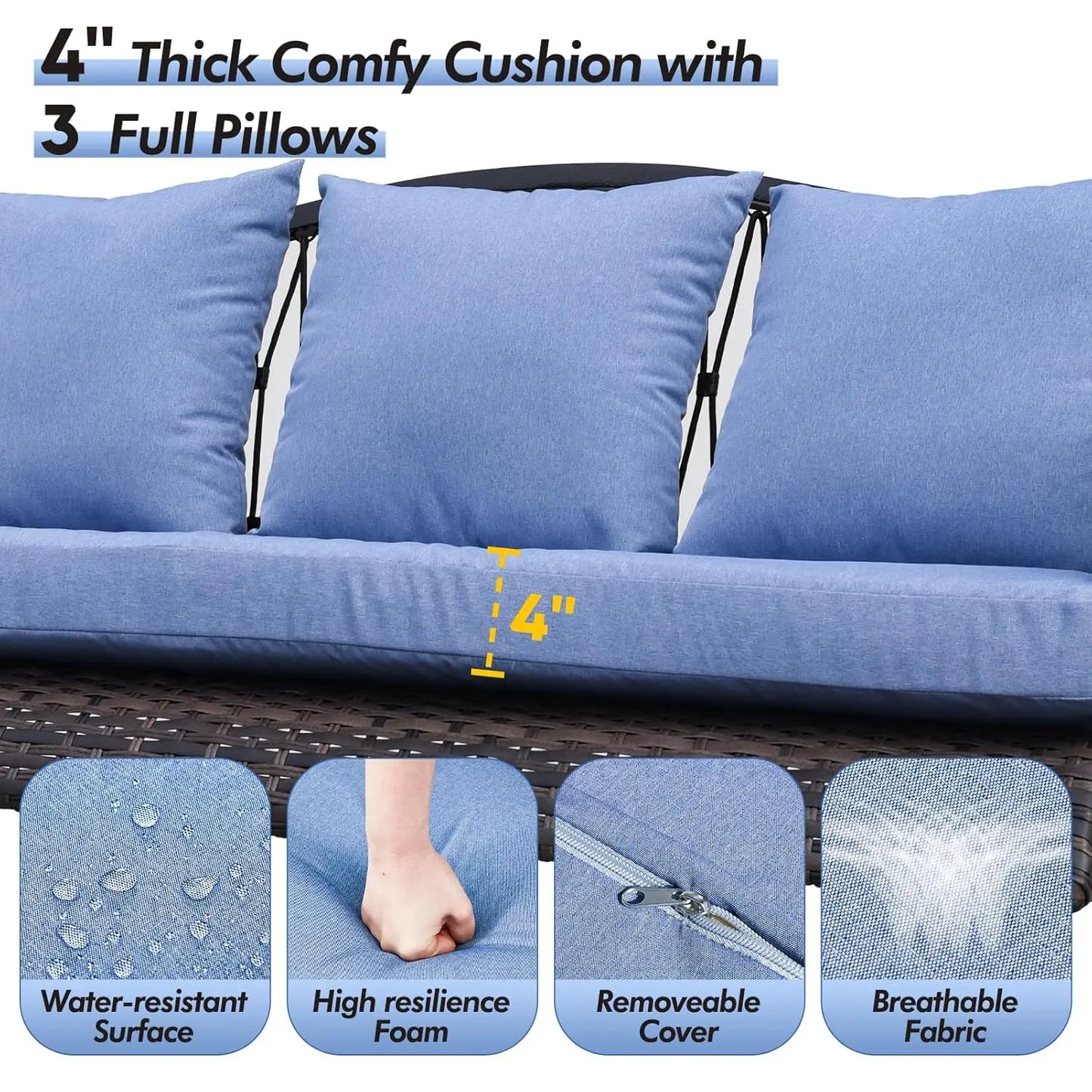 Wicker Porch Swing Heavy Duty 900 LBS 3-Seat Outdoor Patio Swing Chair with Cushions & 8.9ft Chains Outdoor Hanging,