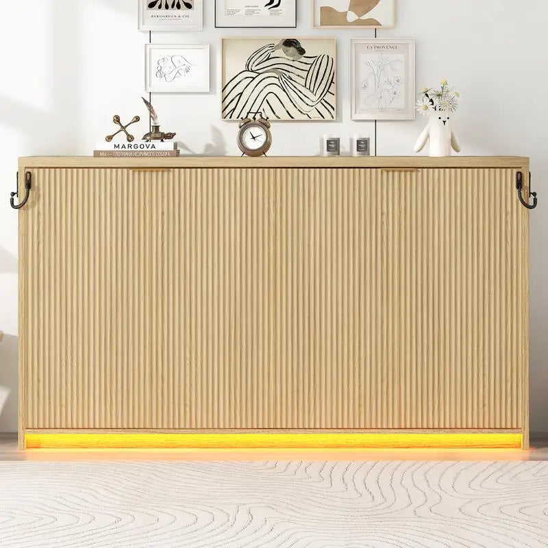 Twin XL Murphy Bed with LED Light, Folds into Cabinet, Natural Finish