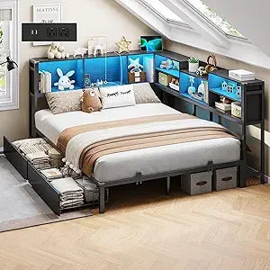 Full Corner Bed Frame with Bookcase Storage and Led Lights Metal Platform Bed Frame with 2 Drawers and Charging Station