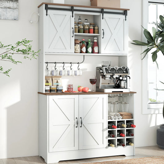 71" Kitchen Pantry Cabinet with Charging Station, Farmhouse  Cabinets for Kitchen Storage with Sliding Door