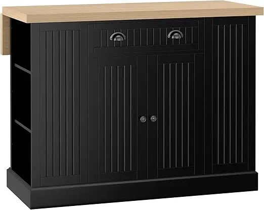Fluted Wooden Kitchen Island with Drop Leaf, Drawer, and Open Shelves for Countertop Storage