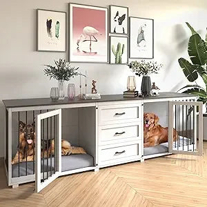 Dog Crate - Wooden Dog Kennel Furniture with 3 Drawer, Double Doors with Locks, 95x23x32H, White