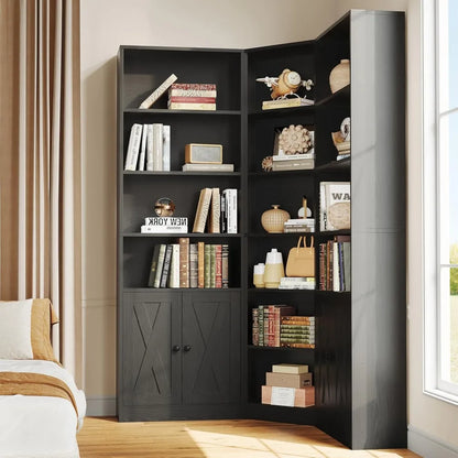 Large Corner Bookshelf with 2 Doors and Storage Cabinets, L-Shaped 7 Tiers Bookcase, 71” Tall
