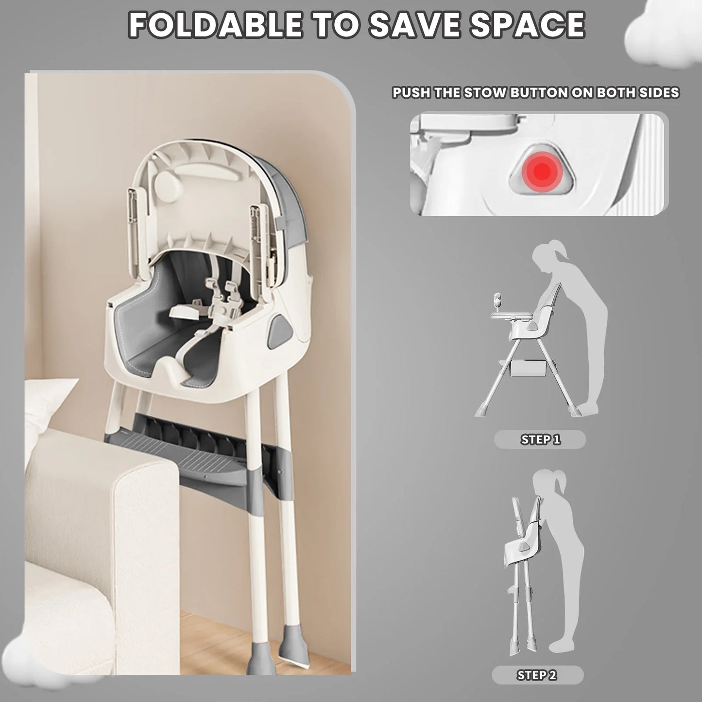 Foldable Baby High Chair 6 Months Plus, with Large Antislip Pad & ToyRack, Easy to Clean, Feeding ,