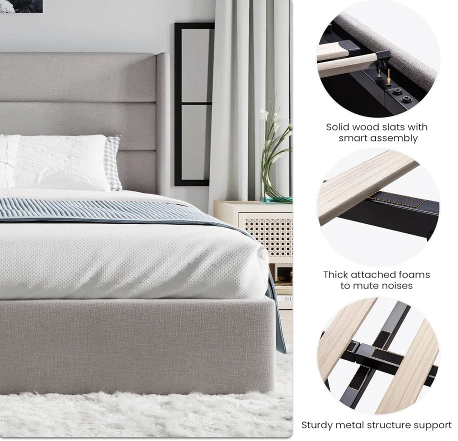 King Size Lift Up Storage Bed, Wingback Headboard/Upholstered Platform Bed Frame/Hydraulic Storage/No Box Spring Needed