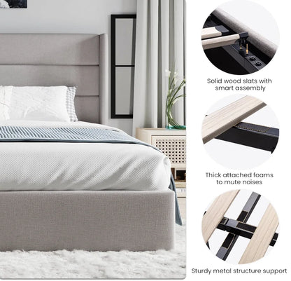 King Size Lift Up Storage Bed, Wingback Headboard/Upholstered Platform Bed Frame/Hydraulic Storage/No Box Spring Needed
