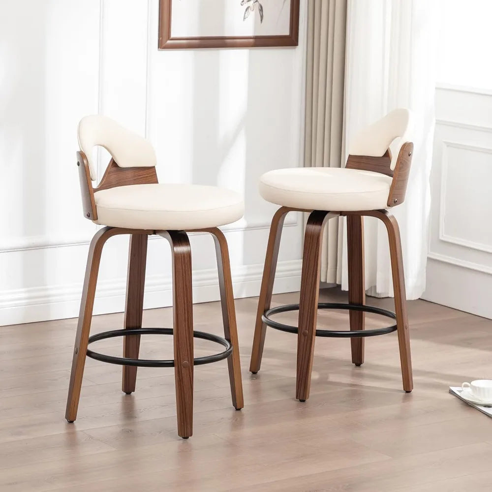 26" Swivel Bar Stools Set of 2,Mid Century Modern Beige Faux Leather Barstools, Wood Counter Height Bar Chairs with Low Back