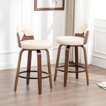 26" Swivel Bar Stools Set of 2,Mid Century Modern Beige Faux Leather Barstools, Wood Counter Height Bar Chairs with Low Back