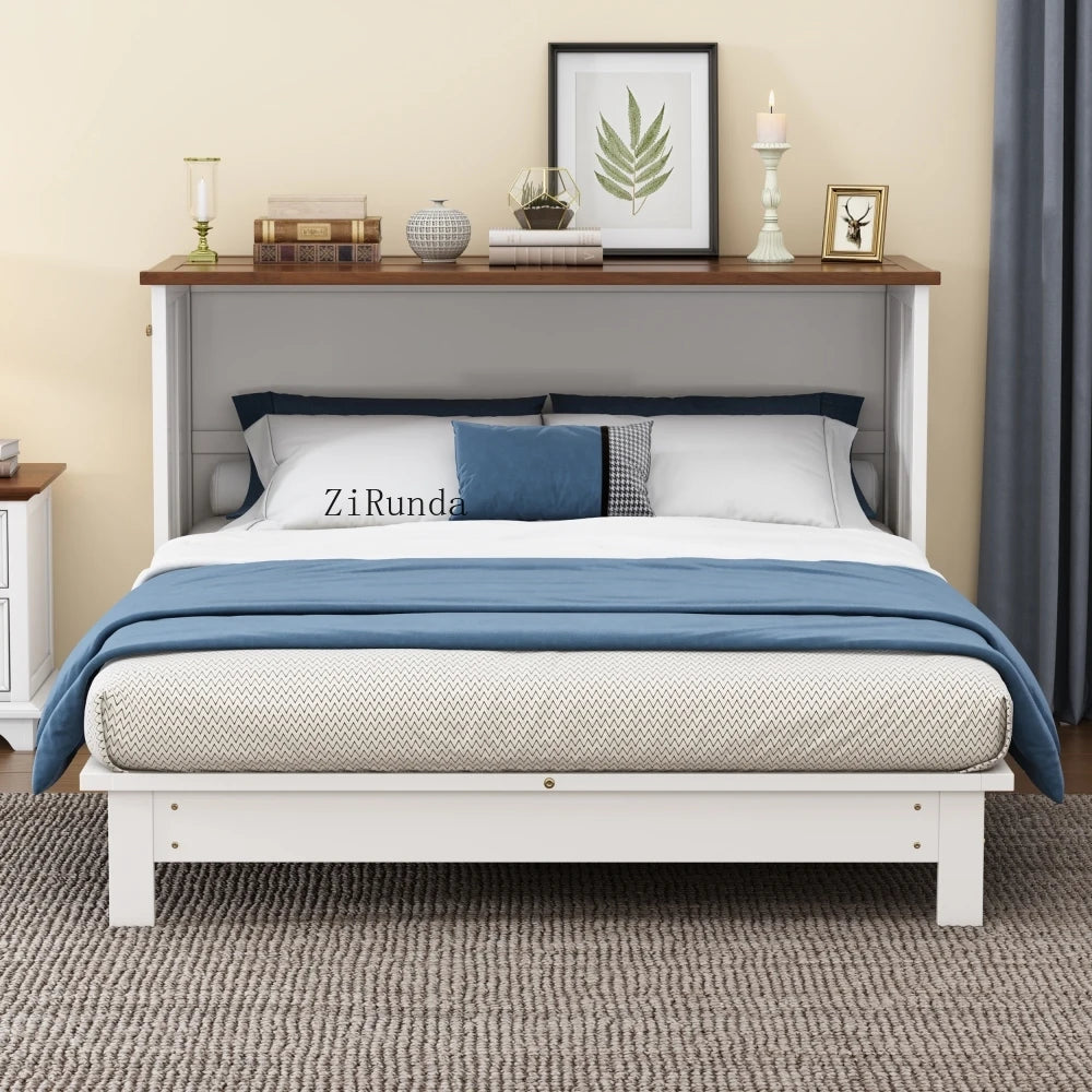 Solid Pine Murphy Bed Chest and Large Storage Drawer for Home Office or Small Room , Queen, White+Walnut