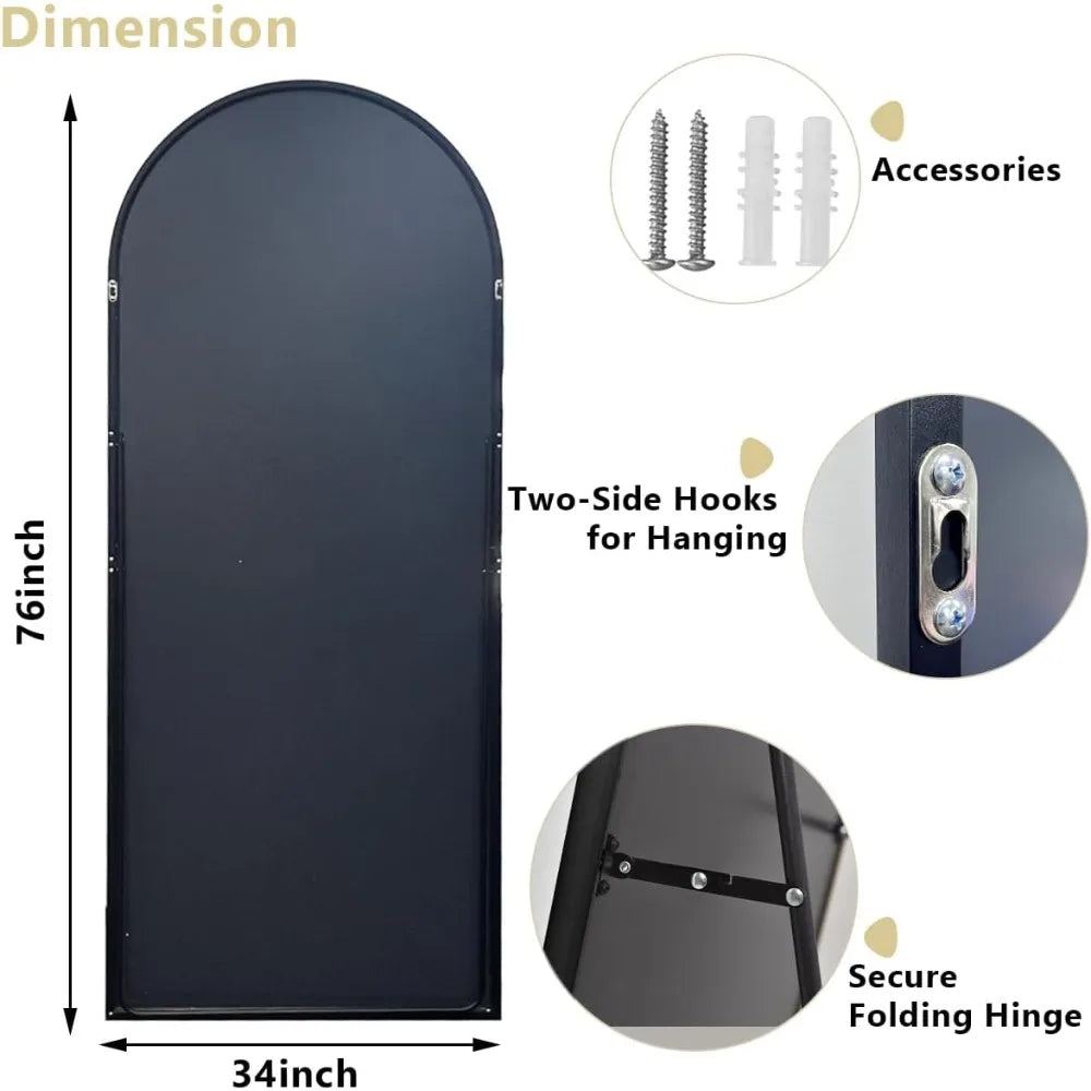 Oversized Arched Full Length Floor Mirror 76 x 34 with Black Metal Frame Stand or Wall Mount