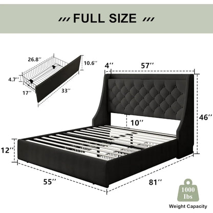 "black full-size bed with wingback headboard and storage drawers"
