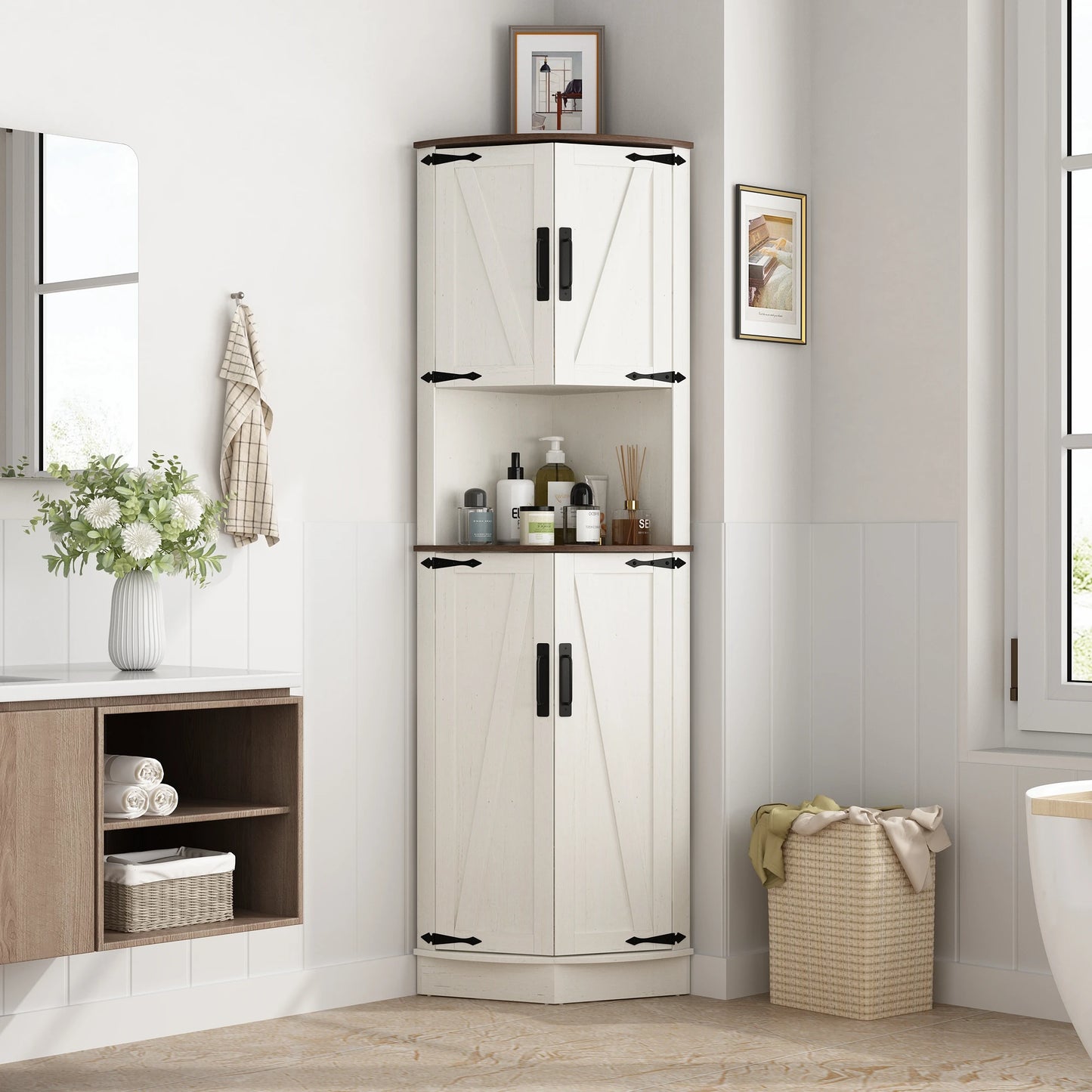 Bathroom Storage Tall Corner Cabinet with Barn Doors, 67"and Adjustable Shelf