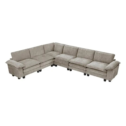 6-Piece Modular Sectional Sofa Set in Plush Chenille Upholstery- Durable Plywood