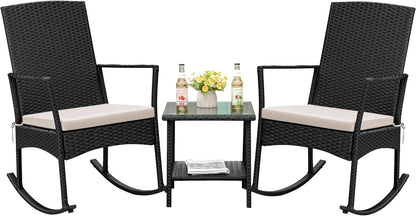 Rocking Chair Outdoor, Glass Table, High Back Porch Rocker for Balcony Garden Backyard (Beige)