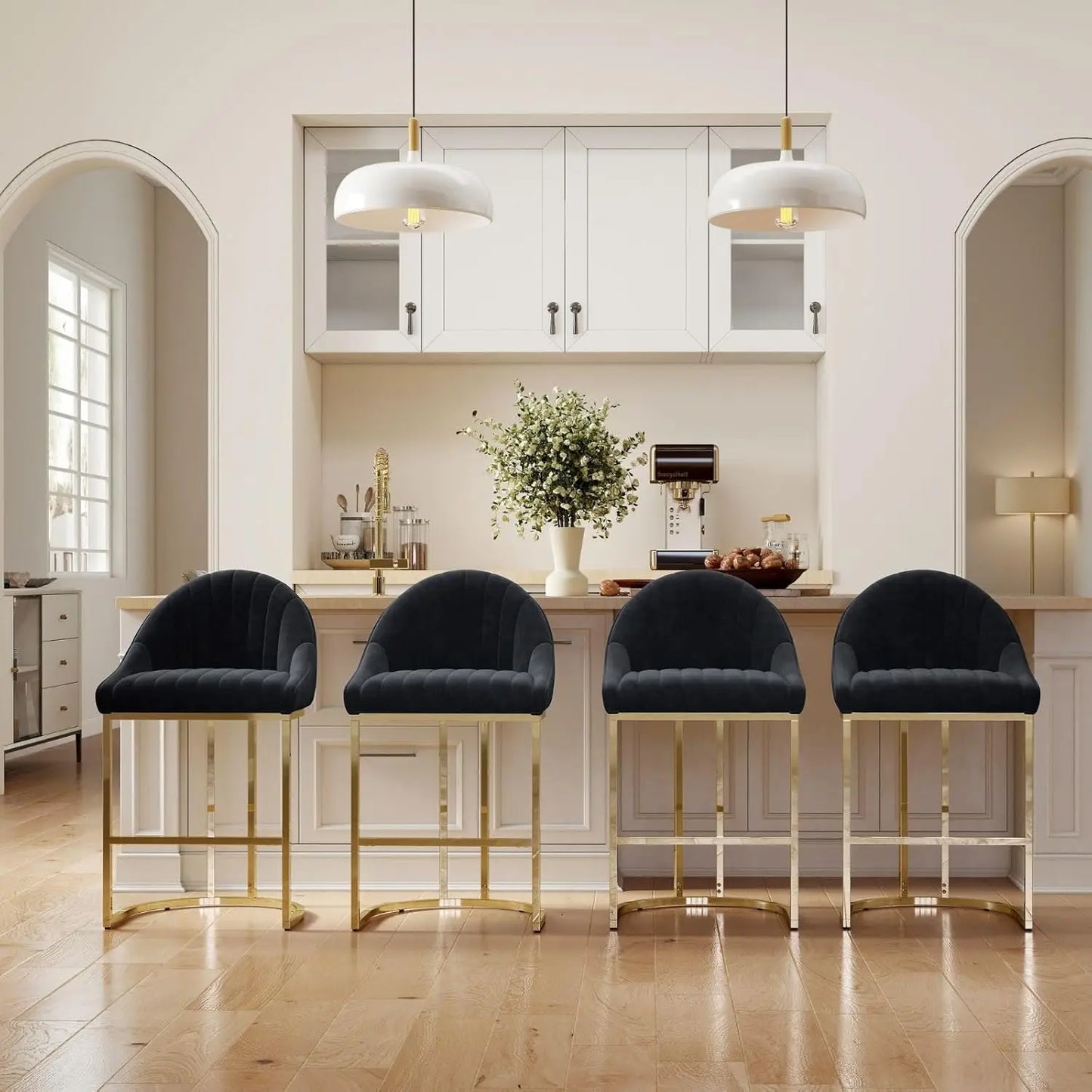 26'' Seat Height Velvet Bar Stools Set of 4, Counter Height, Gold Metal Frame and Footrest, Upholstered Barrel Back