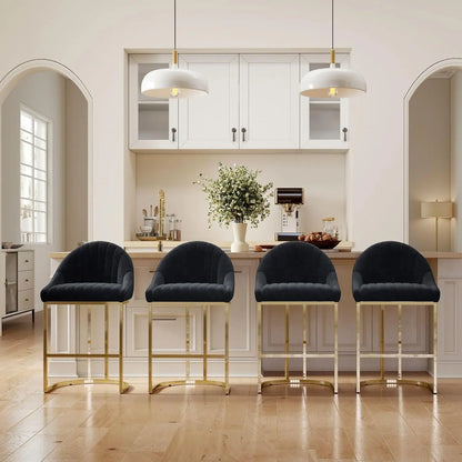 26'' Seat Height Velvet Bar Stools Set of 4, Counter Height, Gold Metal Frame and Footrest, Upholstered Barrel Back
