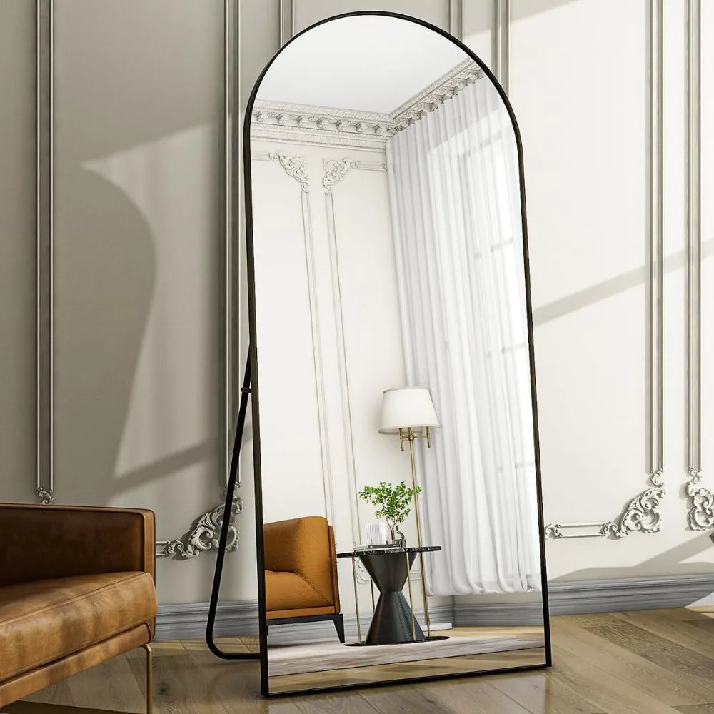 Oversized Arched Full Length Floor Mirror 76 x 34 with Black Metal Frame Stand or Wall Mount