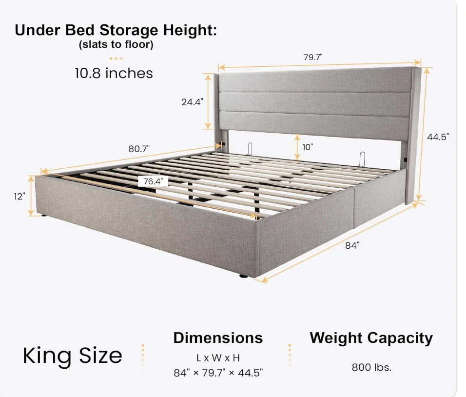 King Size Lift Up Storage Bed, Wingback Headboard/Upholstered Platform Bed Frame/Hydraulic Storage/No Box Spring Needed