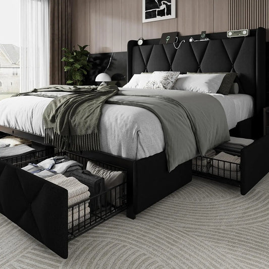Full Size Bed Frame with Storage Drawers, Charging Station, and Upholstered Headboard - Easy Assembly, Black