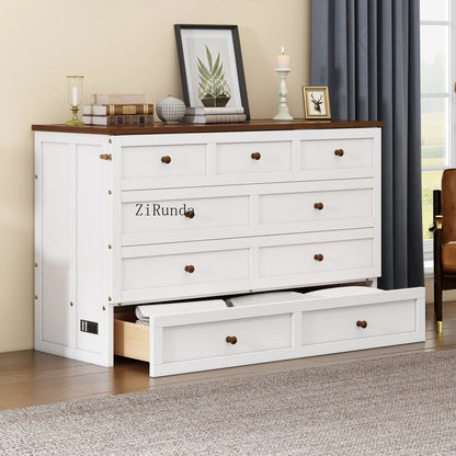 Solid Pine Murphy Bed Chest and Large Storage Drawer for Home Office or Small Room , Queen, White+Walnut