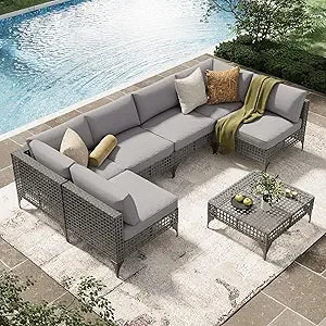 7 Piece Outdoor Patio Furniture Set, PE Rattan Outdoor Wicker Sectional Furniture Chair Set with Cushions and Table