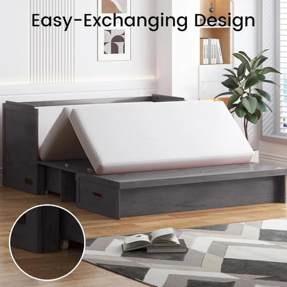 Bed Queen with Tri-Fold Mattress, Murphy Cabinet Bed with USB Charging Station & Large Storage Drawer