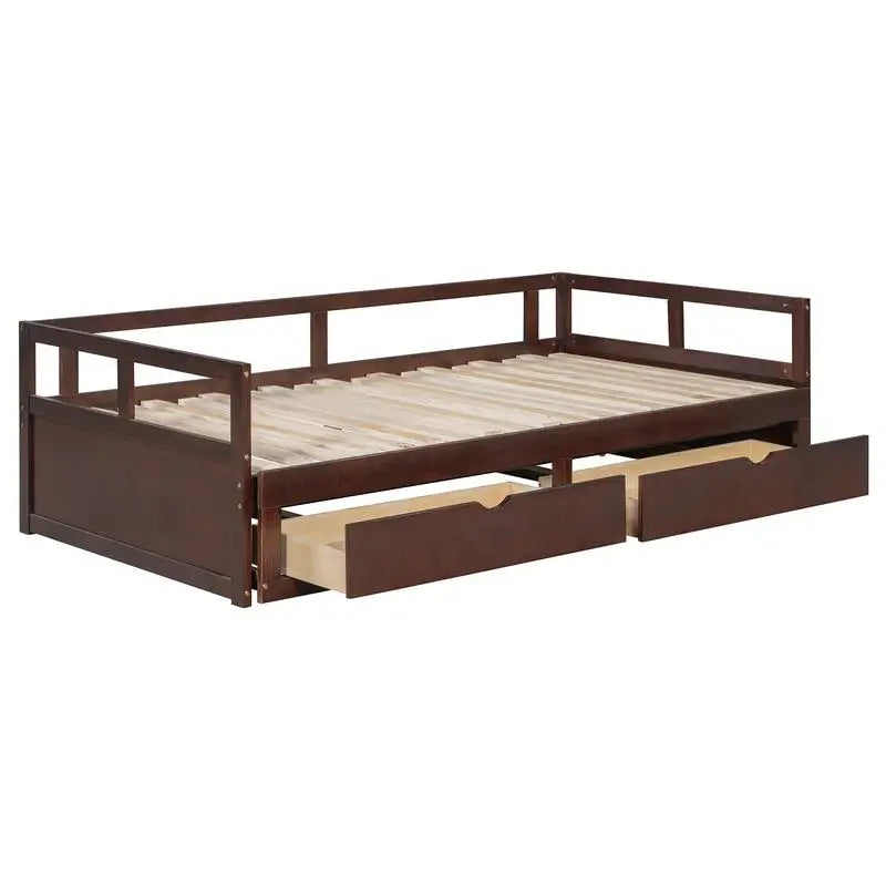 Wooden Daybed with Trundle and 2 Storage Drawers, Expandable Bed/Sofa for Bedroom or Living Room, Espresso Finish