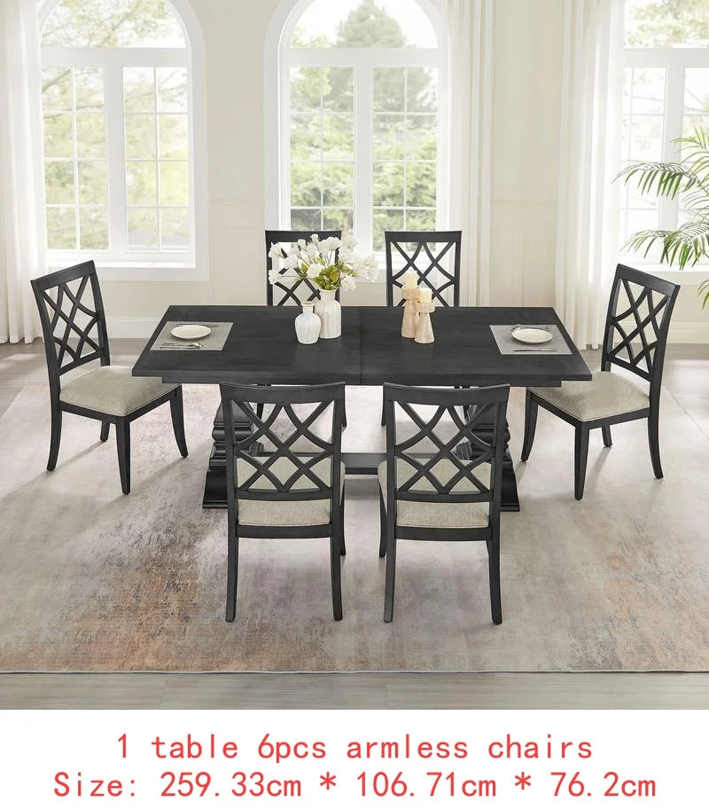 Extendable 7-Piece Retro Wooden Dining Set for 6, Curved Table & Upholstered Chairs