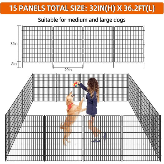 15 Panels Fence with Gate, 32 in(H) X 36 ft(L) Garden Decorative Fence Animal Barrier Patio, Black