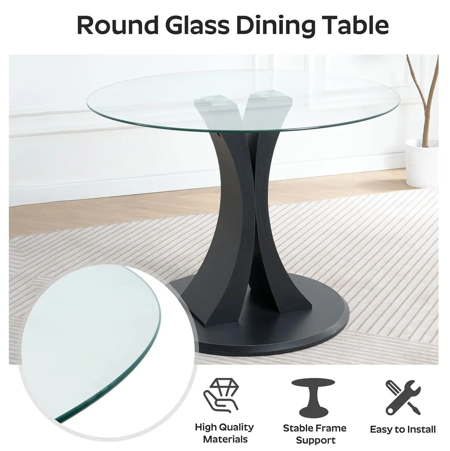 Round, 47" Glass Dining Table, with Robust Pedestal for Apartment Home Kitchen