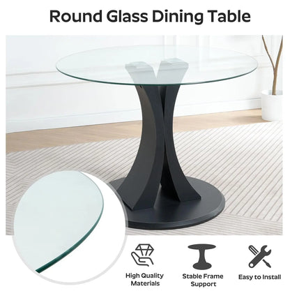 Round, 47" Glass Dining Table, with Robust Pedestal for Apartment Home Kitchen