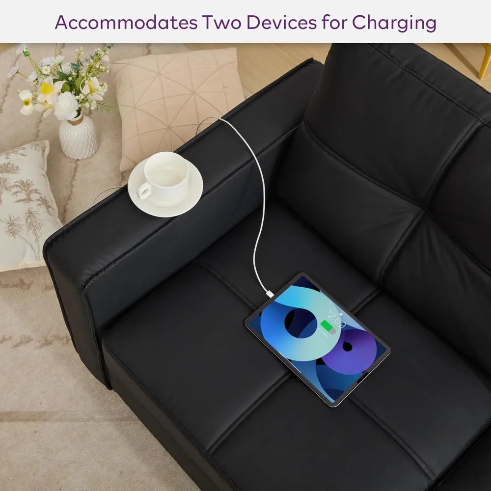 88" W Faux Leather Sofa – for Living Room, Comfy Small Loveseat with USB Port & Wide Armrests