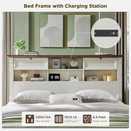Farmhouse King Size Bed Frame with 54" Tall Storage Bookcase Headboard, Wood Platform Bed Frame(Antique White)