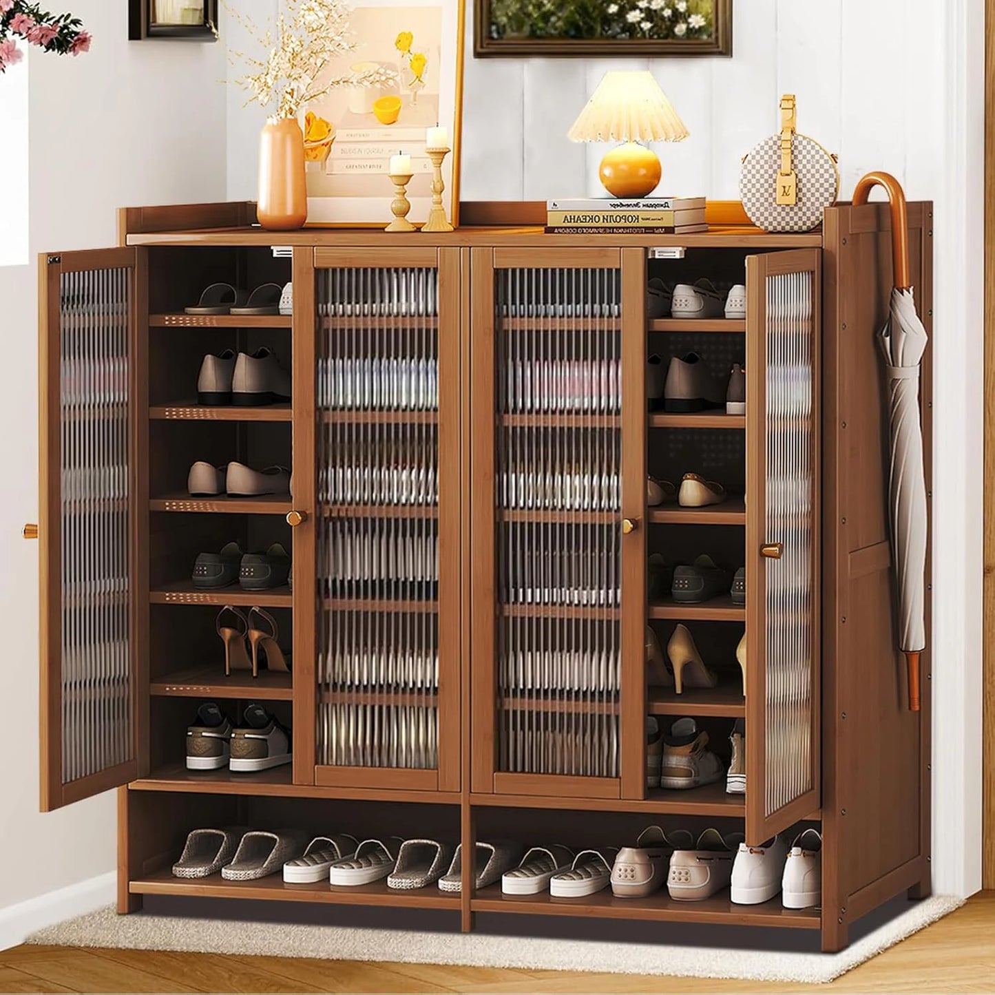 Bamboo Shoe Cabinet with Acrylic Door, Shoe Rack for Closet, Entryway Shoe Storage, Rack Organizer
