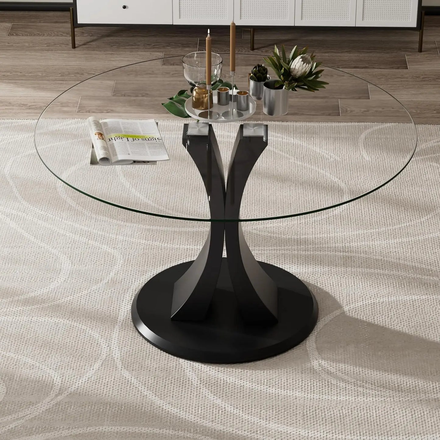 Round, 47" Glass Dining Table, with Robust Pedestal for Apartment Home Kitchen