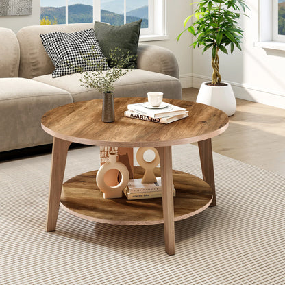 32IN Wood Round Coffee Table  2-Tier Center Counter with Storage 50 lbs Capacity
