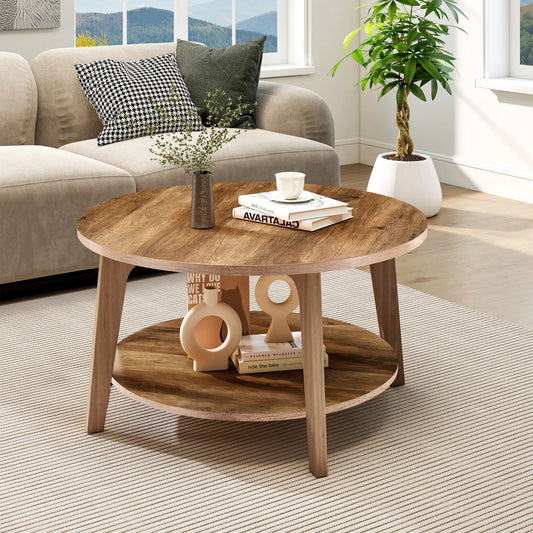 32IN Wood Round Coffee Table  2-Tier Center Counter with Storage 50 lbs Capacity