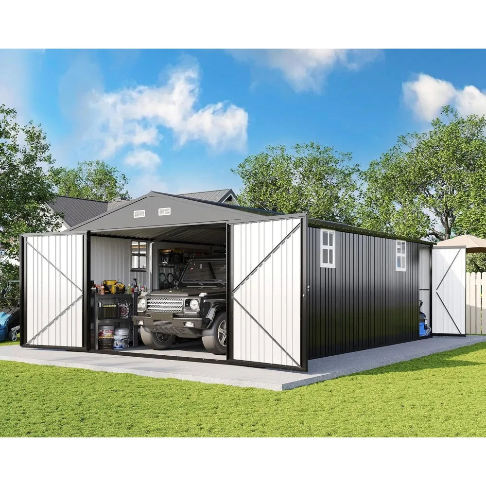 13.2x21x8 FT Outdoor Metal Garage Shed, Extra Large Storage Shed with Double Hinged Doors, 4 Windows, Carport