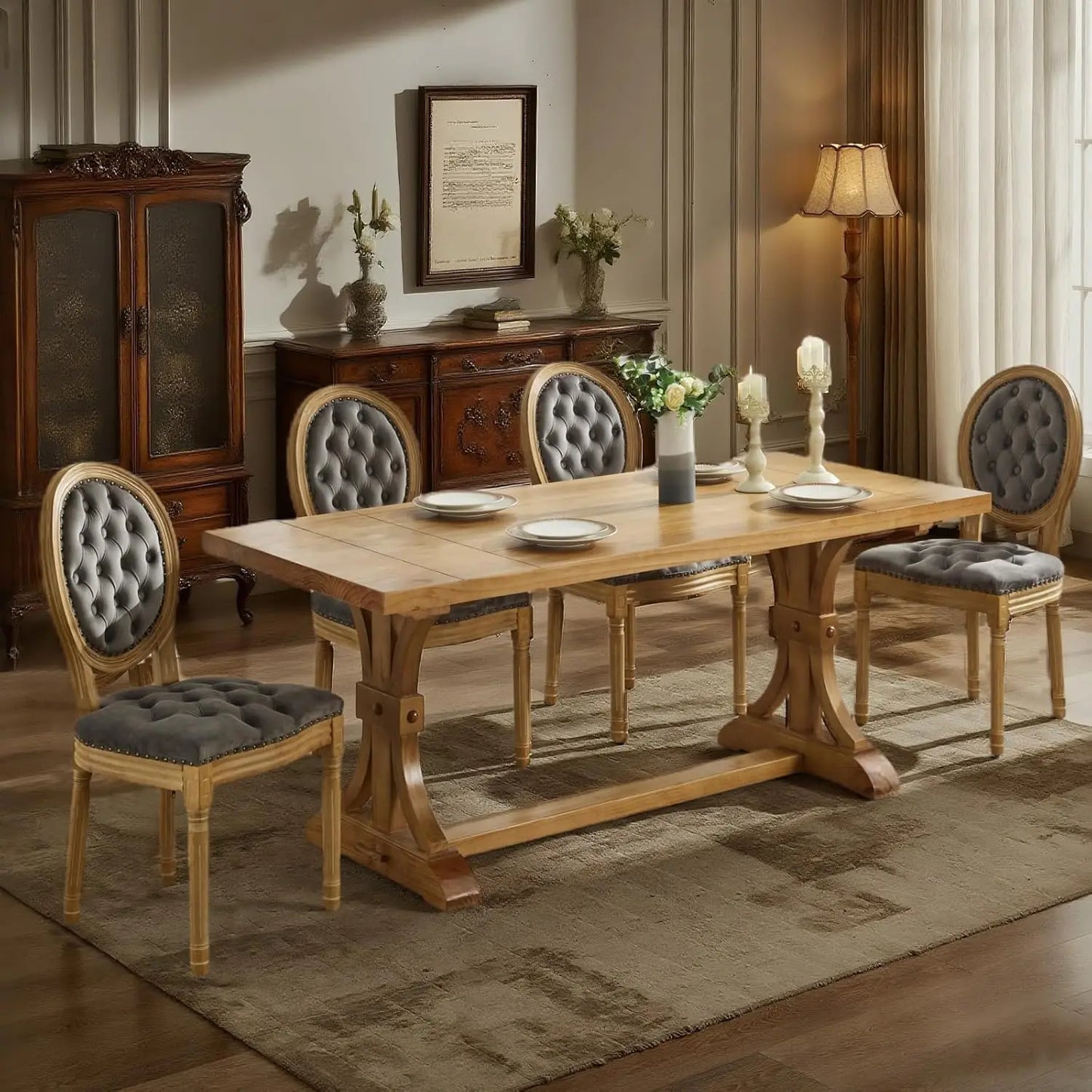 French Dining Chairs Set of 4, Dining Chair with Round Back, Wood Leg Farmhouse Country Rattan Dining Chair for Kitchen,