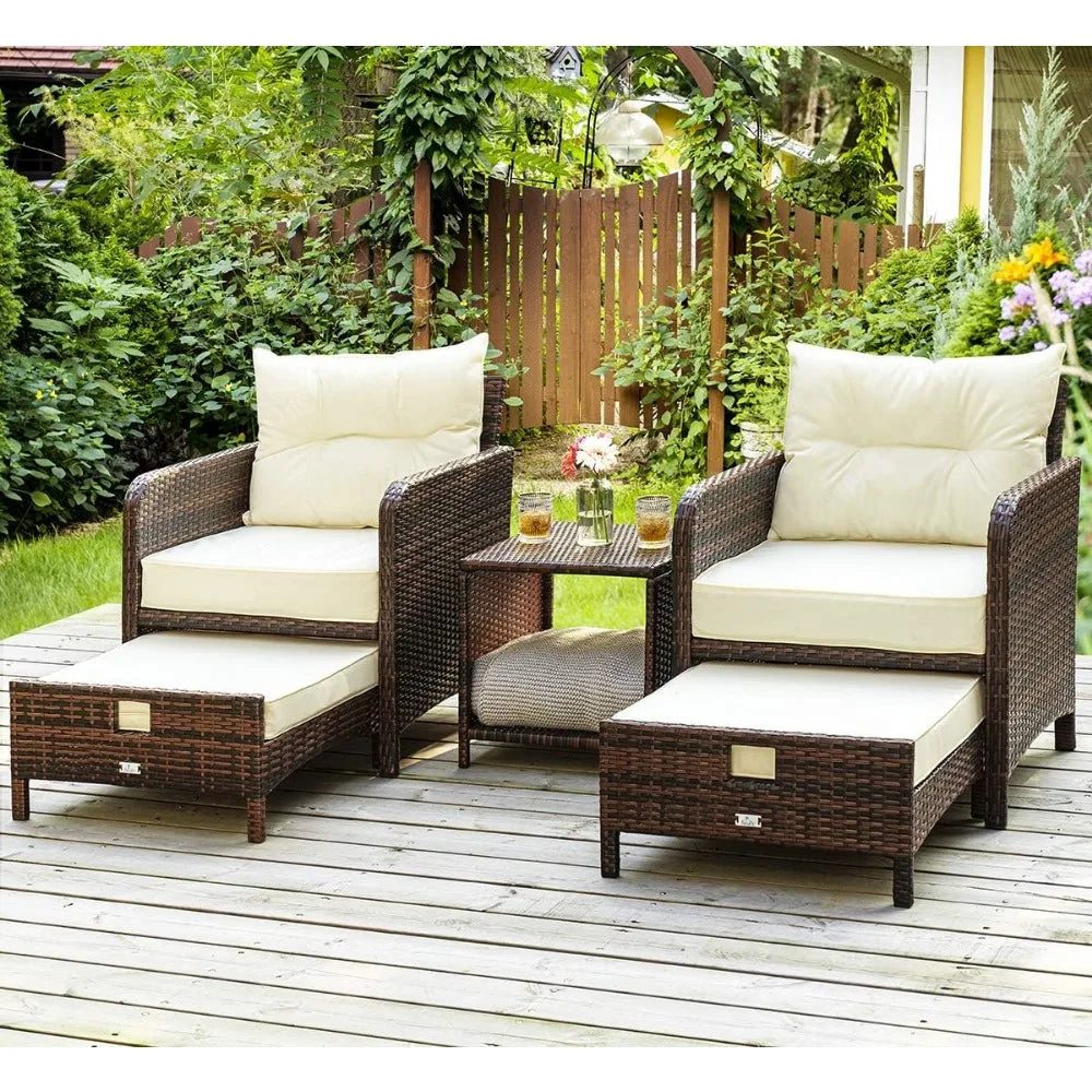5 Pieces , Rattan Balcony Furniture with Ottomans, PE Wicker Outdoor Patio Chairs Set with Coffee Table