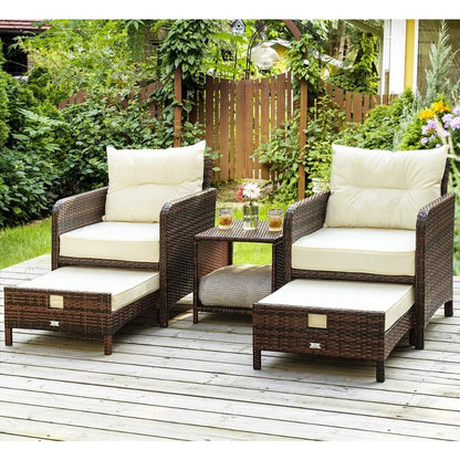 5 Pieces , Rattan Balcony Furniture with Ottomans, PE Wicker Outdoor Patio Chairs Set with Coffee Table