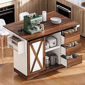"Rolling Kitchen Island with Drop Leaf, 55.5" Cart featuring Barn Door and Power Outlet"