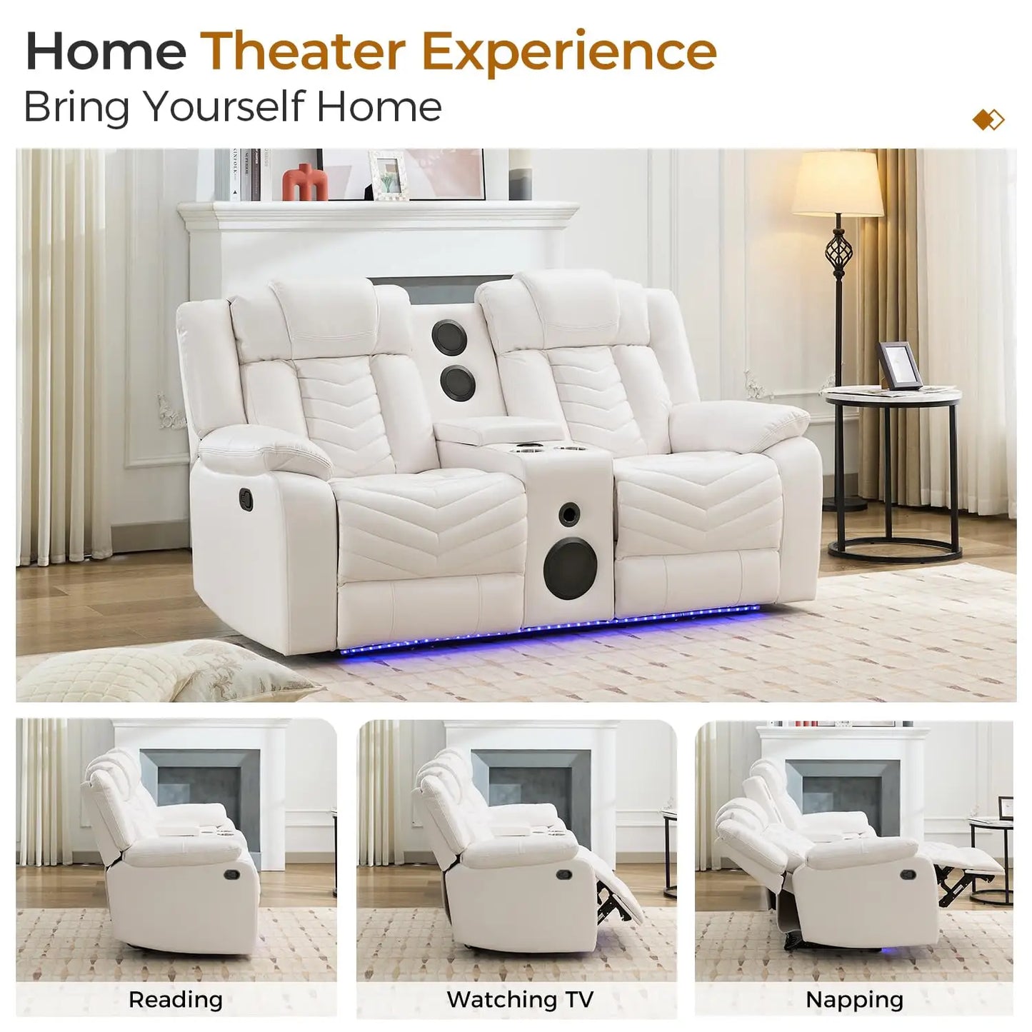 Manual Recliner Loveseat with Bass Speaker, Faux Leather Reclining Love Seat with LED Lights, USB Charger, Cup Holder