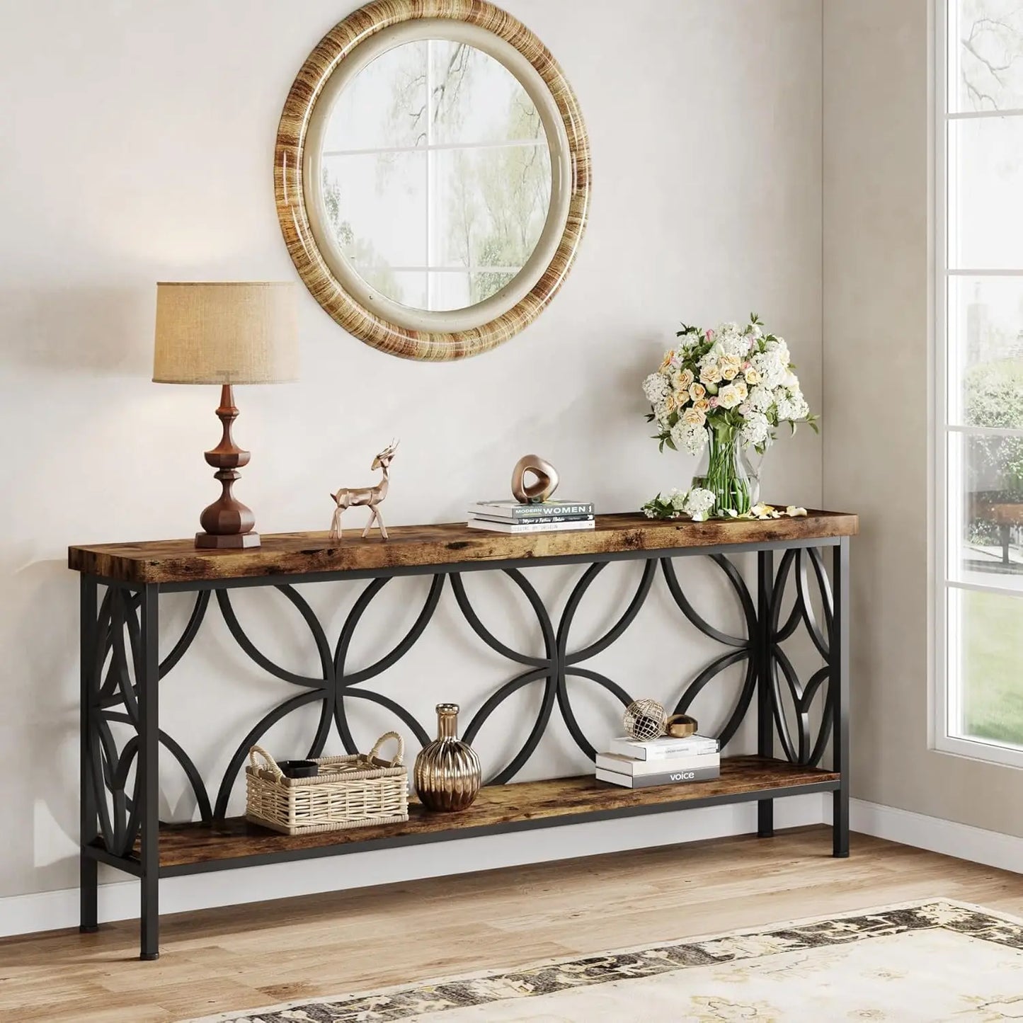70.9" Narrow 2-Tier Industrial Console Sofa Table with Storage for Entryway Living Room Hallway