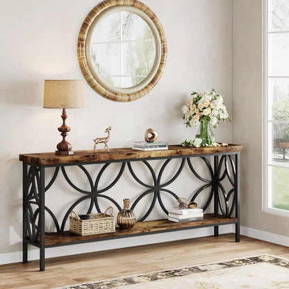 70.9" Narrow 2-Tier Industrial Console Sofa Table with Storage for Entryway Living Room Hallway