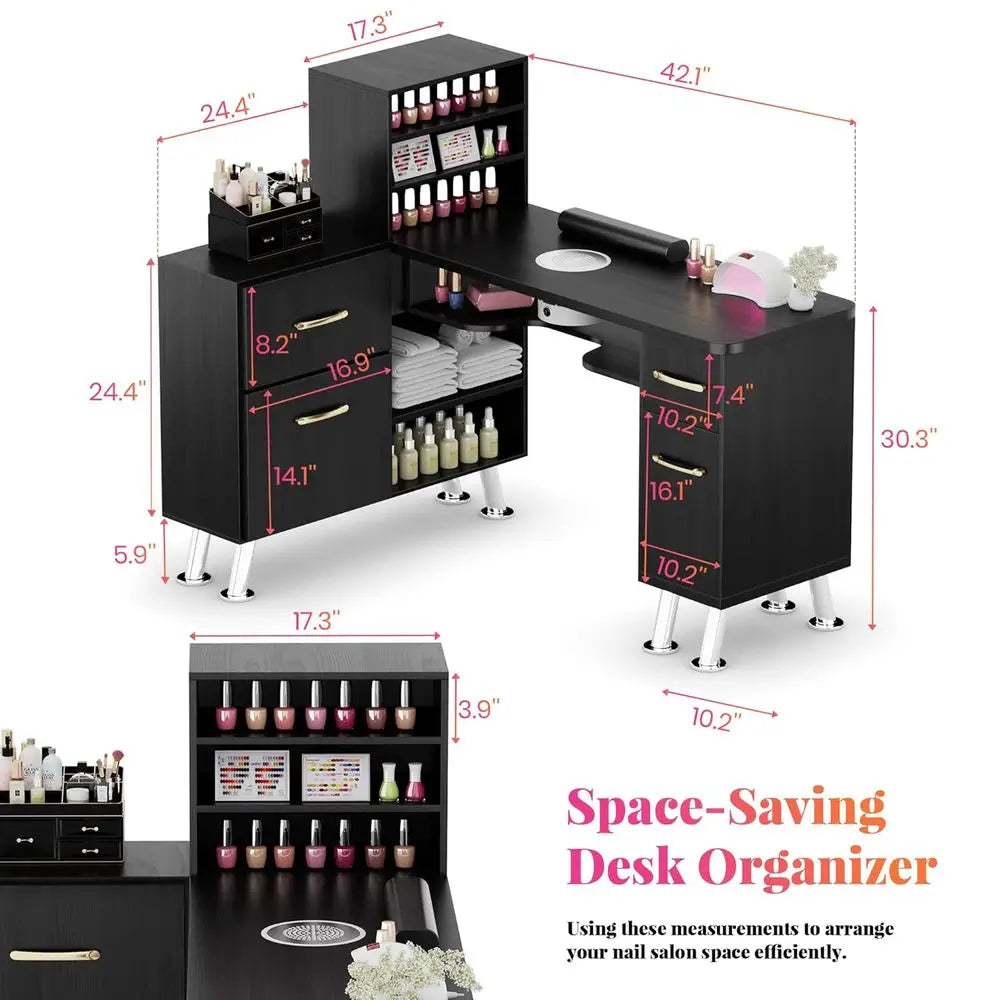 L-Shaped Manicure Desk with Dust Collection, Storage, and Wrist Rest - Black Nail Technician Workstation