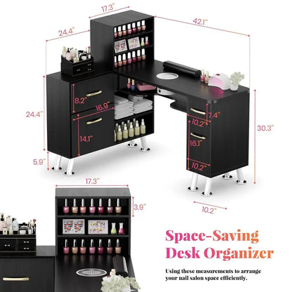 L-Shaped Manicure Desk with Dust Collection, Storage, and Wrist Rest - Black Nail Technician Workstation