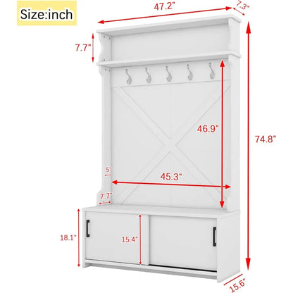 Entryway Hall Tree with Bench and Shoe Storage, Coat Rack with Bench Shelf Hooks, Shoe Storage with Slide Doors