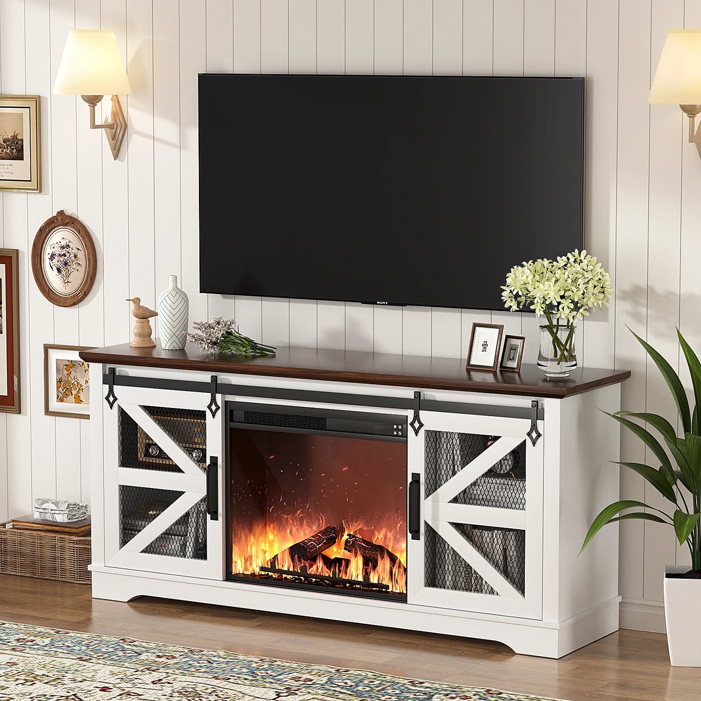 TV Stand 60’’ with Fireplace ,Farmhouse Entertainment Center w/26’’ Electric Fireplace
