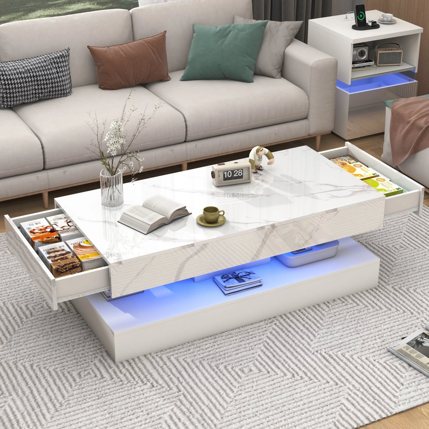 Coffee Table with LED lights, Double-Layer Design for Living Room with 2 Storage Drawers